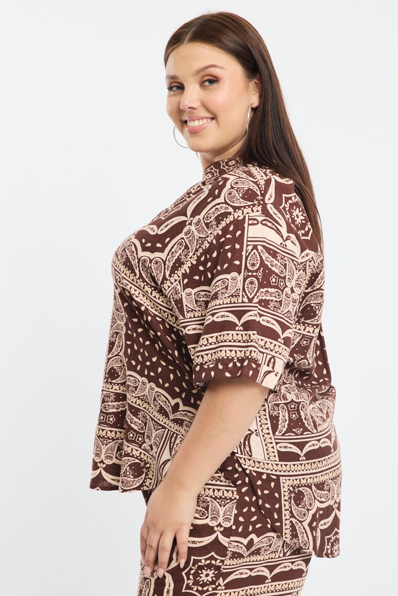 Brown Boho Relaxed Shirt Short Sleeve Linen Blend - Image 3