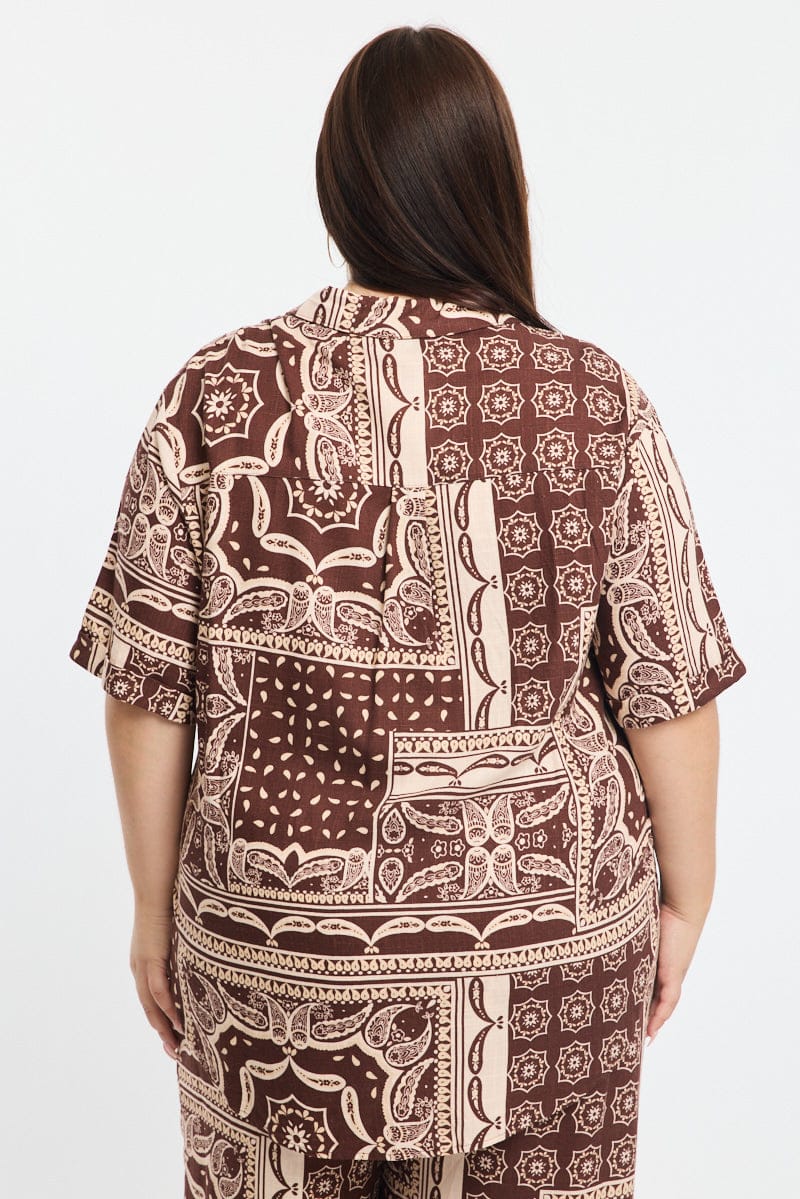 Brown Boho Relaxed Shirt Short Sleeve Linen Blend - Image 4