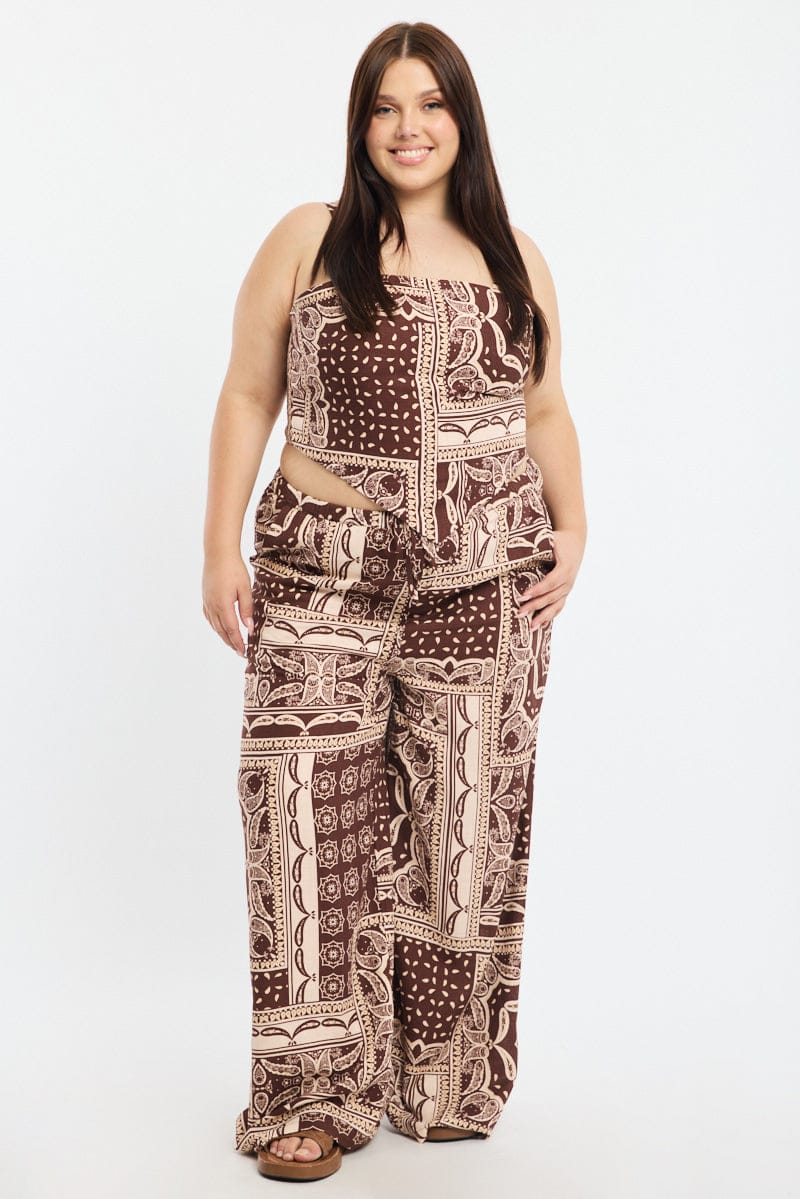 Brown Boho Wide Leg Pants Elastic Waist