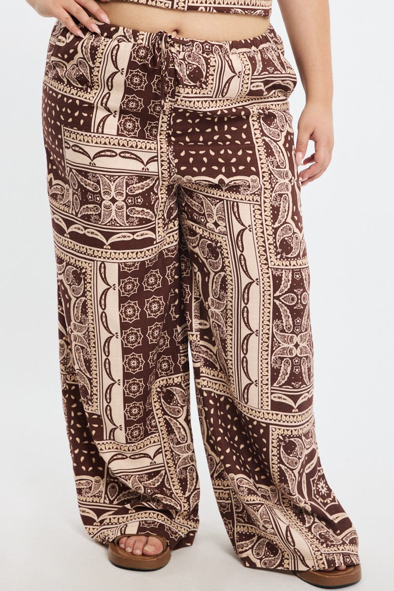 Brown Boho Wide Leg Pants Elastic Waist - Image 2