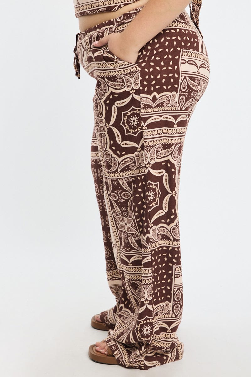 Brown Boho Wide Leg Pants Elastic Waist - Image 3