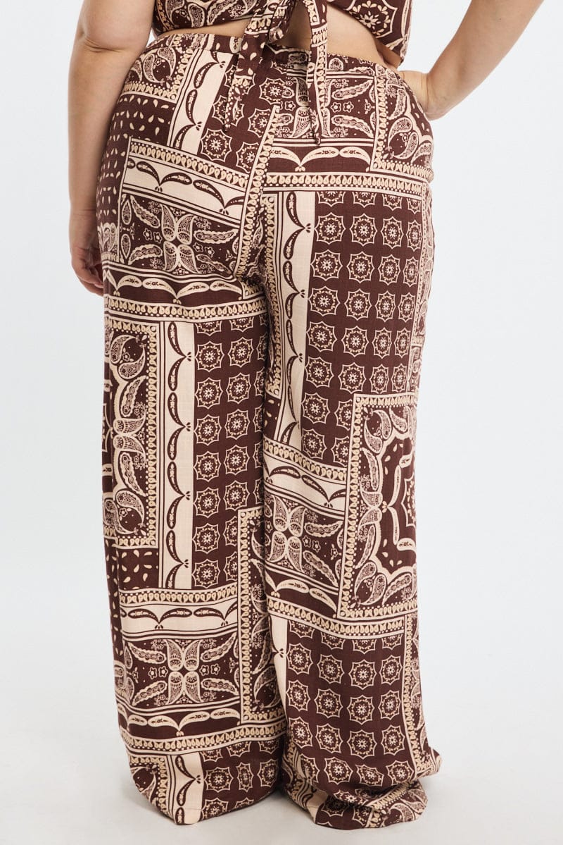 Brown Boho Wide Leg Pants Elastic Waist - Image 4