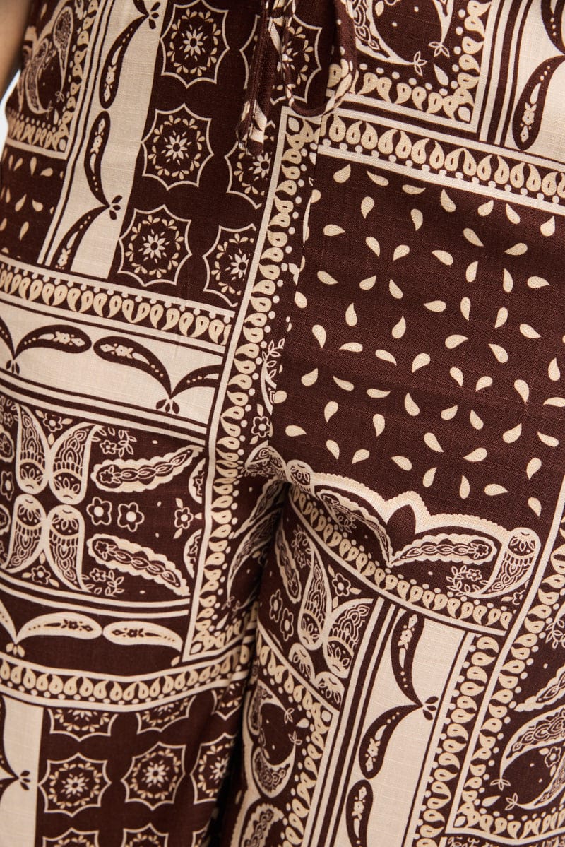 Brown Boho Wide Leg Pants Elastic Waist - Image 5