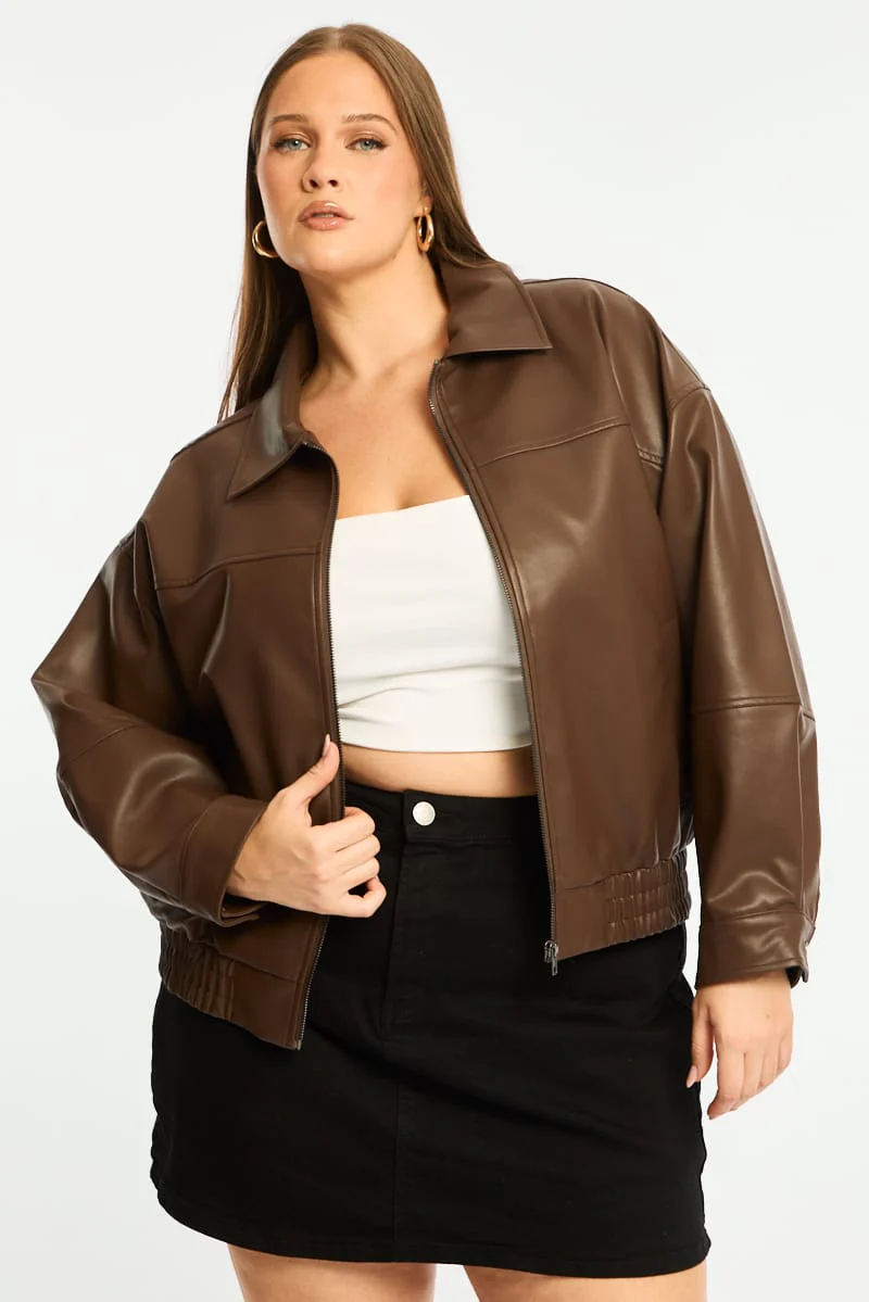 Brown Bomber Jacket Faux Leather - Image 3