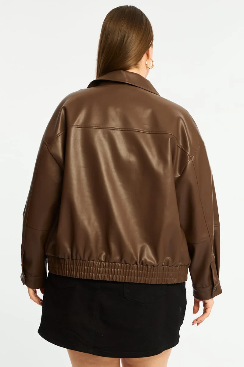 Brown Bomber Jacket Faux Leather - Image 5