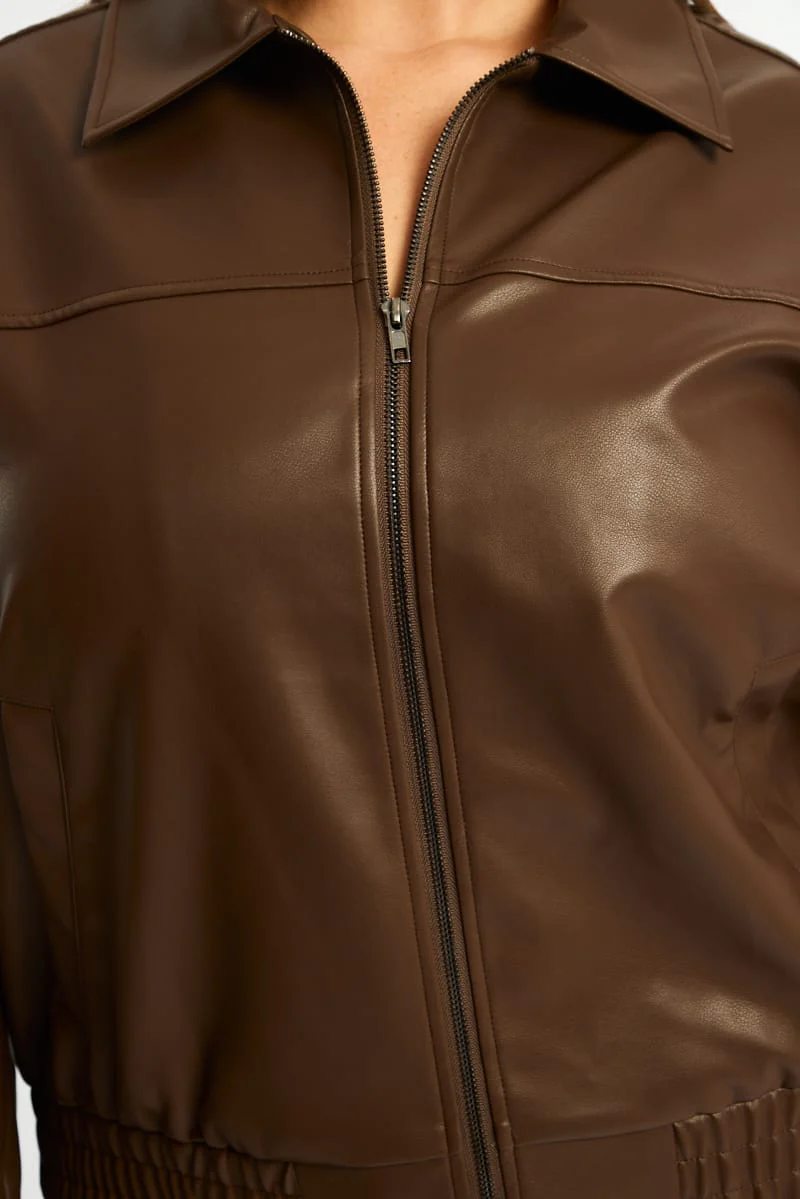Brown Bomber Jacket Faux Leather - Image 6