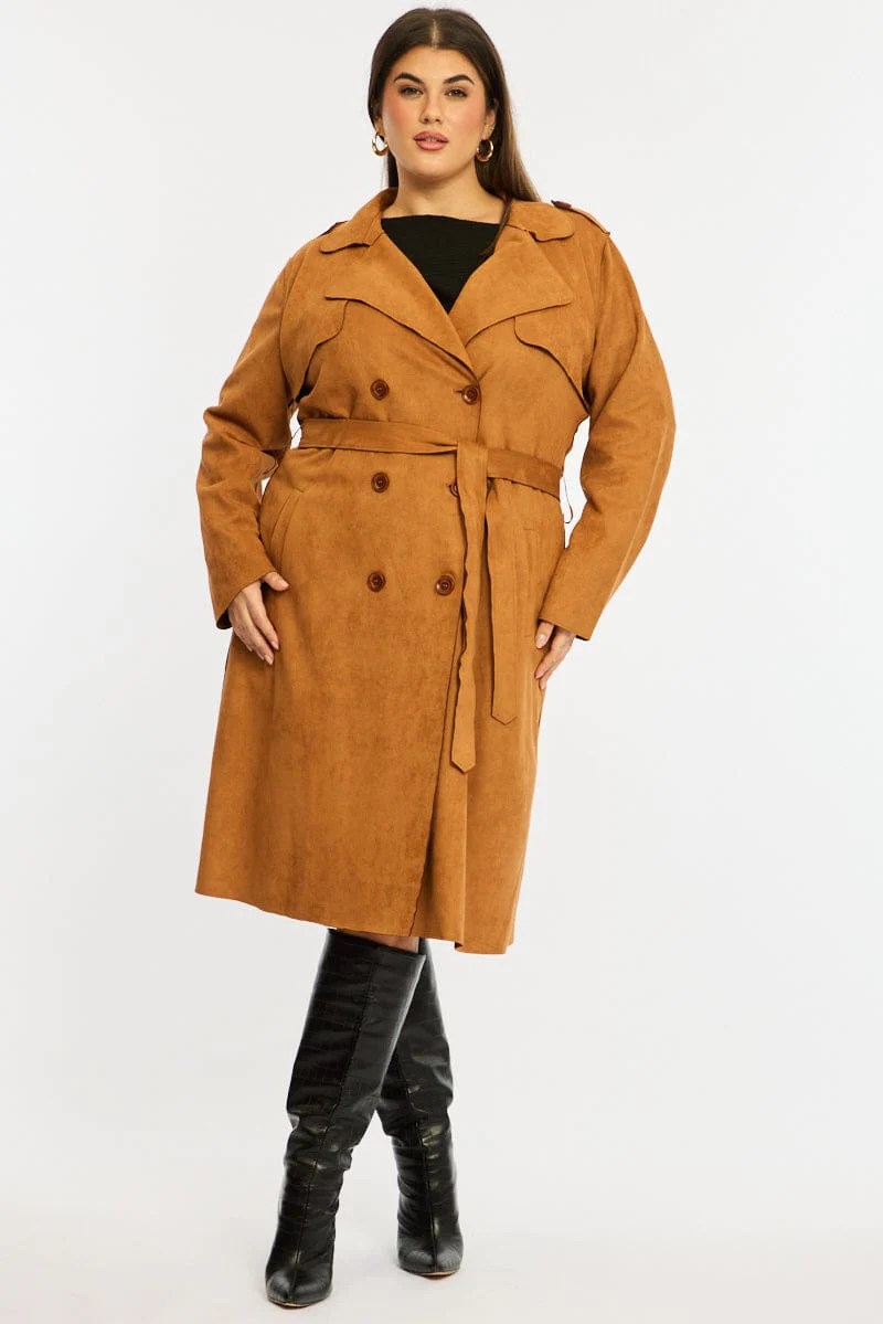 Brown Brown Faux Suede Trench Coat - Image 3
