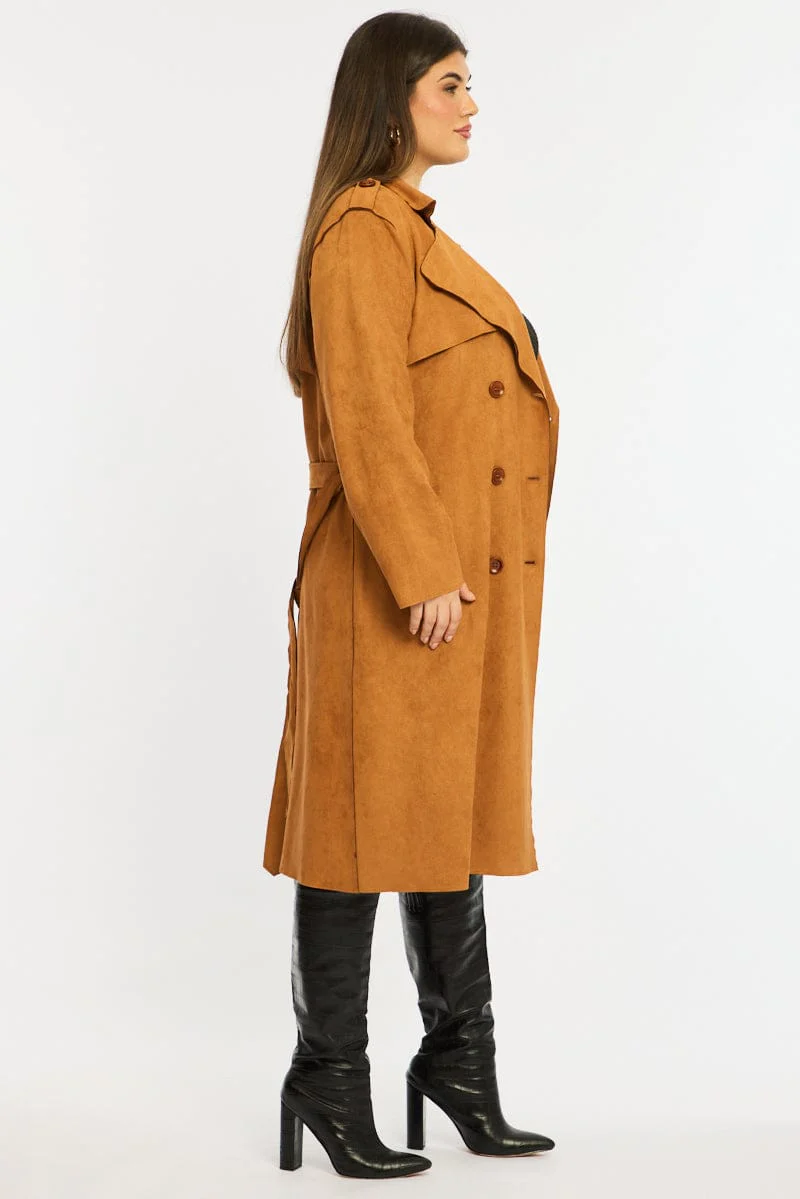 Brown Brown Faux Suede Trench Coat - Image 4