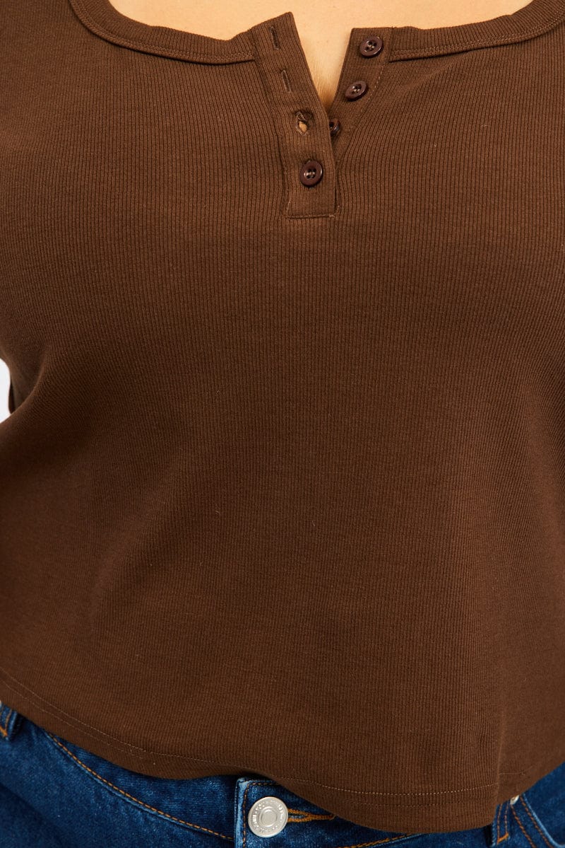 Brown Button Down Top Long Sleeve Scoop Neck - Image 5