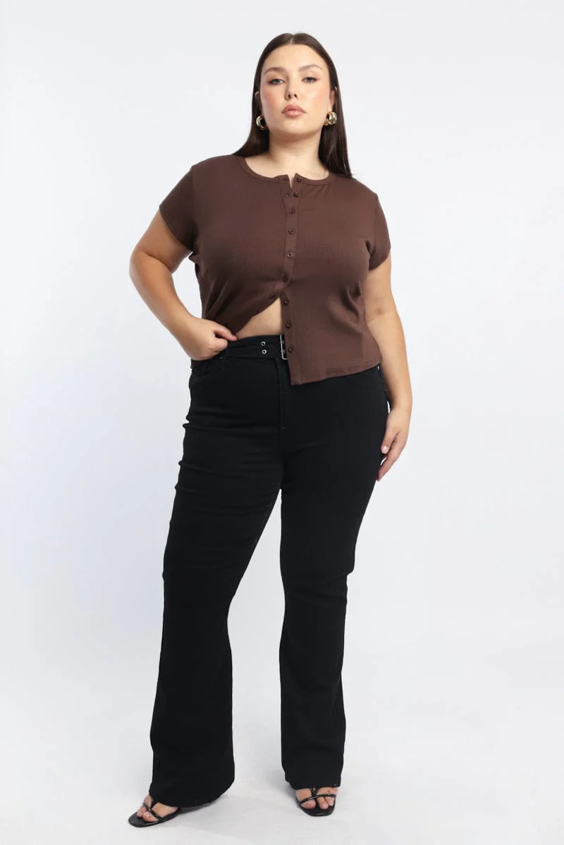 Brown Button Down Top Short Sleeve Crew Neck - Image 3