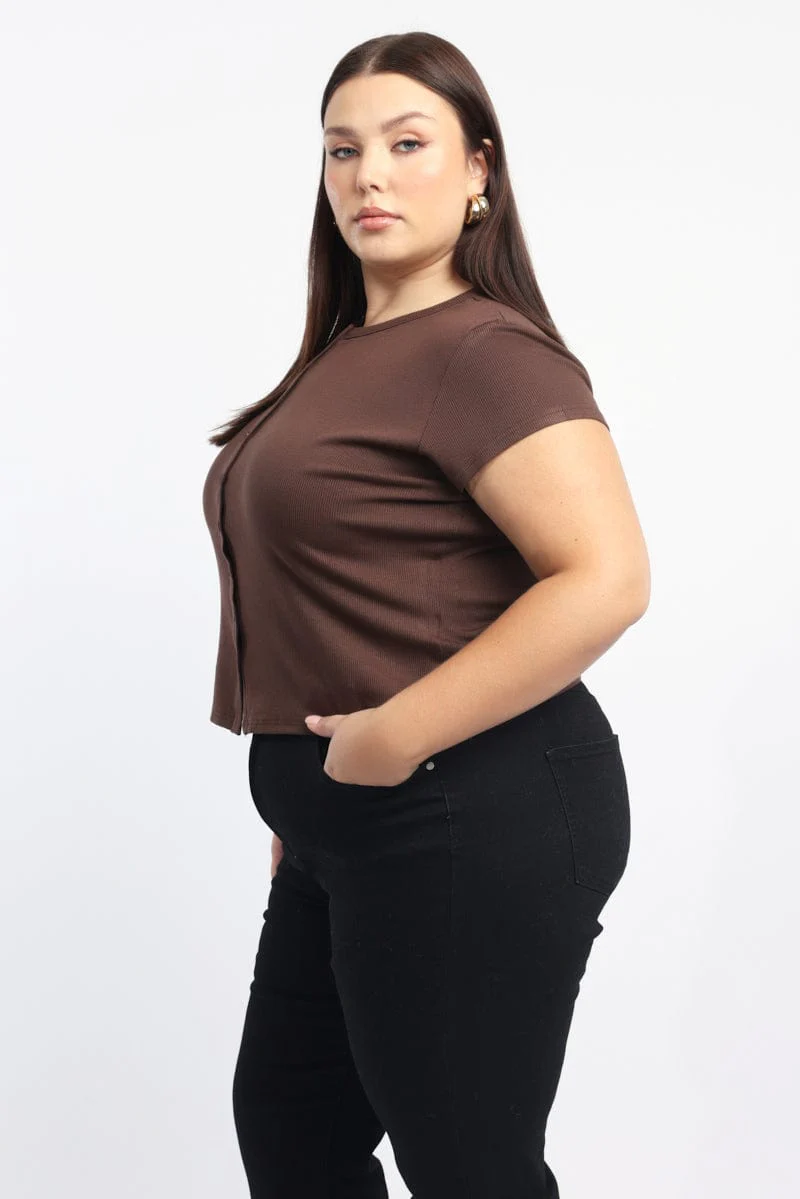 Brown Button Down Top Short Sleeve Crew Neck - Image 4