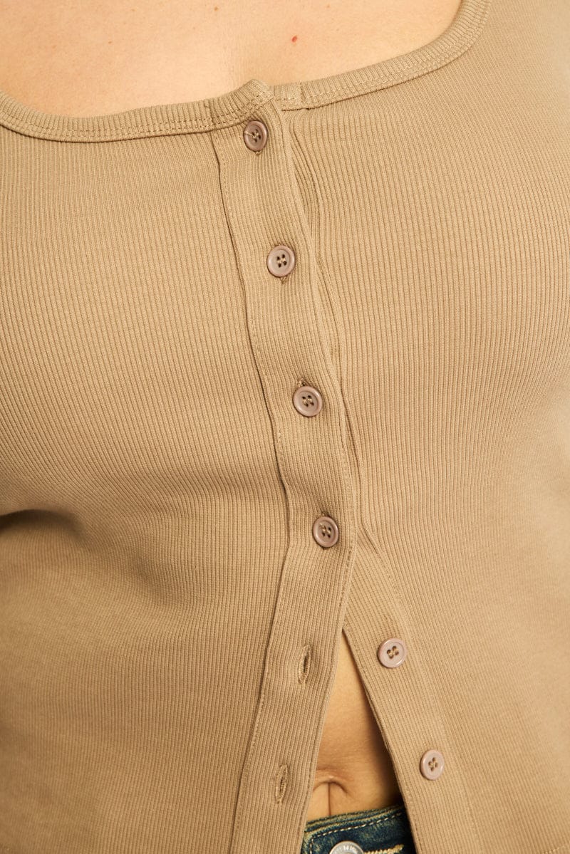 Brown Button Front Top Long Sleeve Rib - Image 5