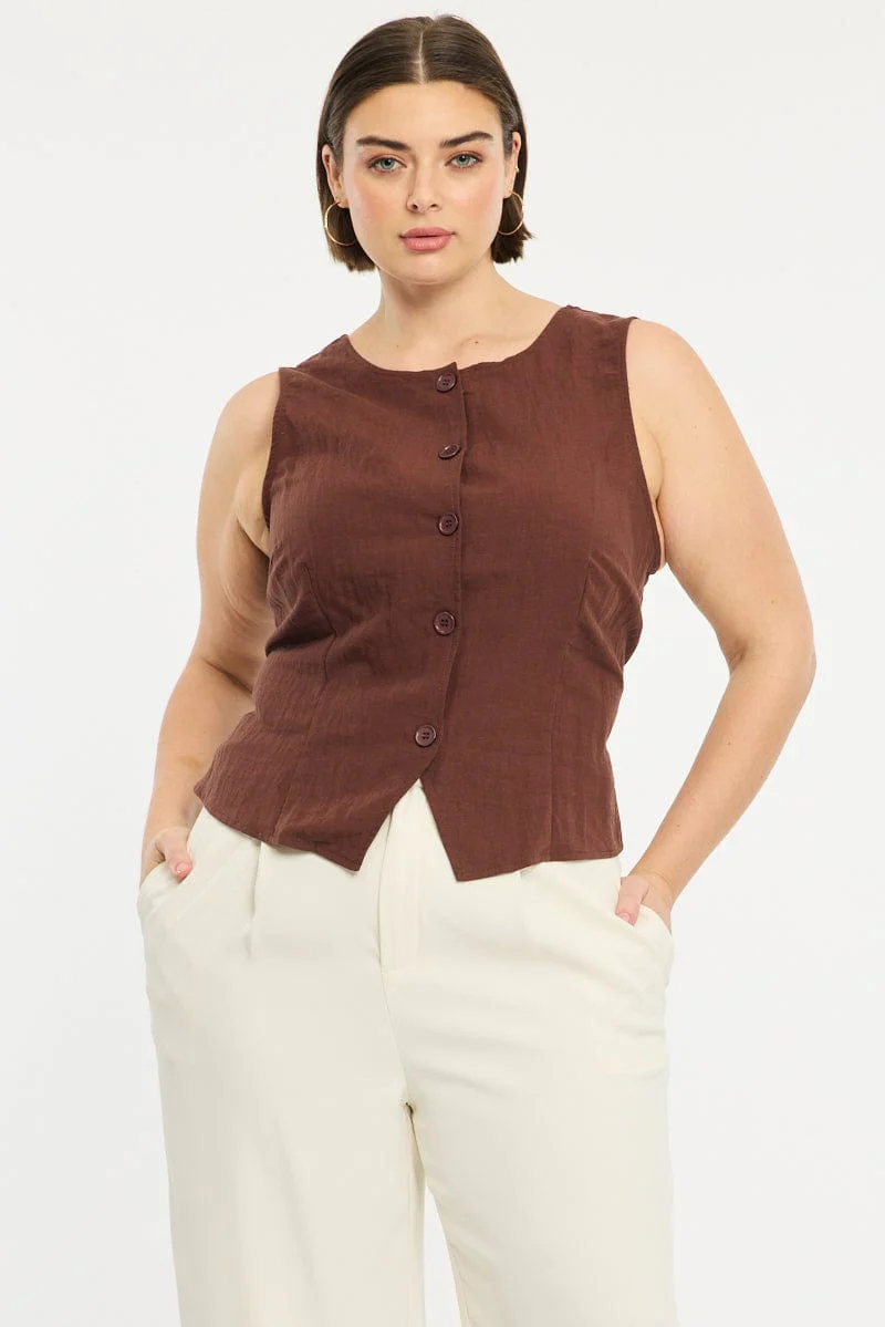 Brown Button Front Top Sleeveless Linen Blend