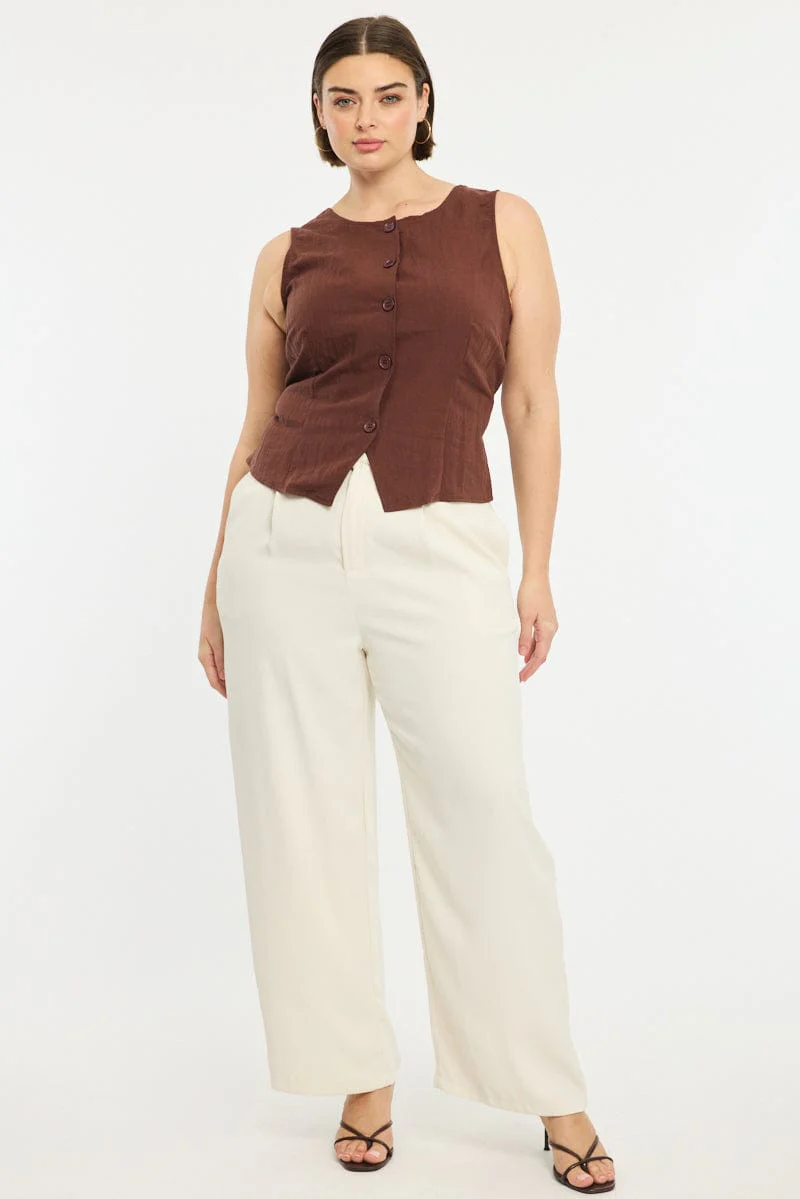 Brown Button Front Top Sleeveless Linen Blend - Image 2