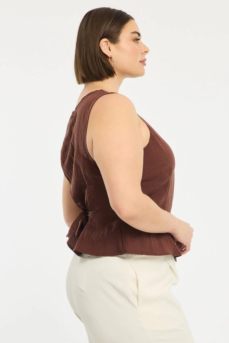 Brown Button Front Top Sleeveless Linen Blend - Image 3