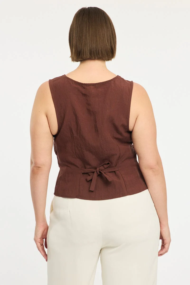 Brown Button Front Top Sleeveless Linen Blend - Image 4