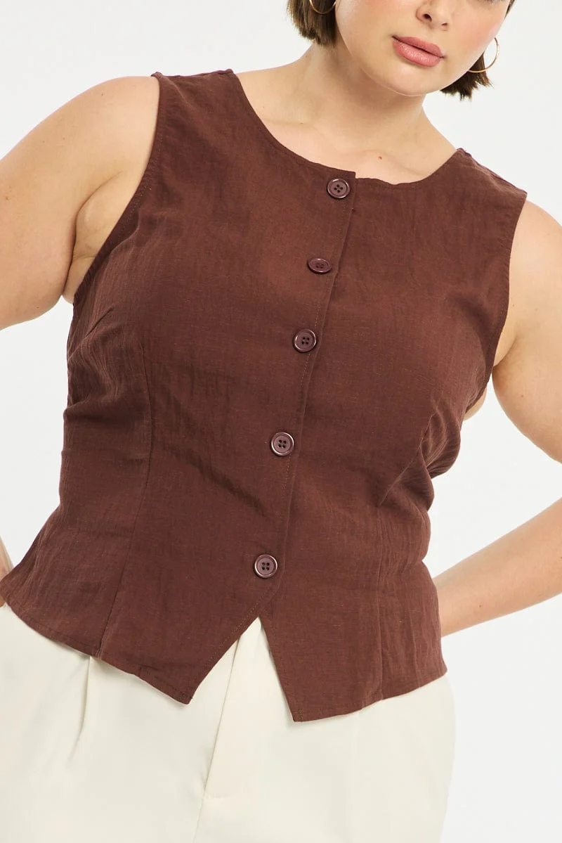 Brown Button Front Top Sleeveless Linen Blend - Image 5