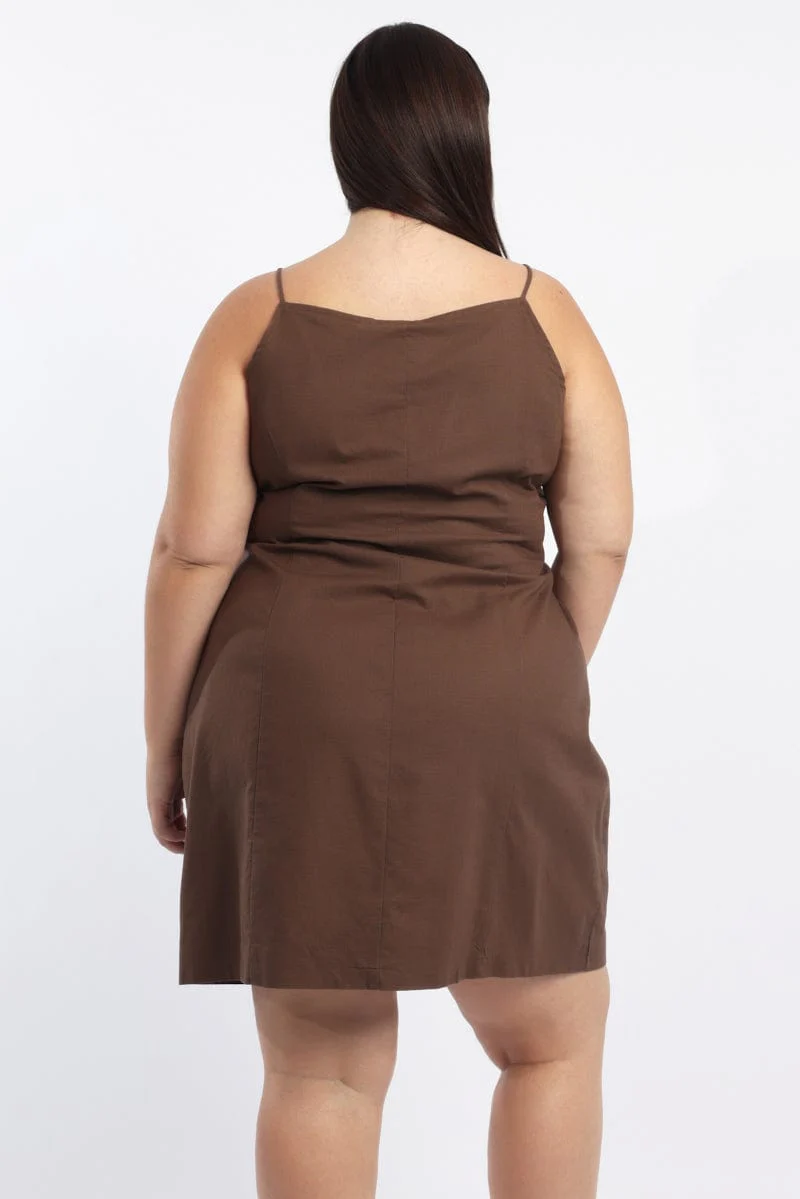 Brown Button Through Linen Cotton Fitted Minidress - Image 5
