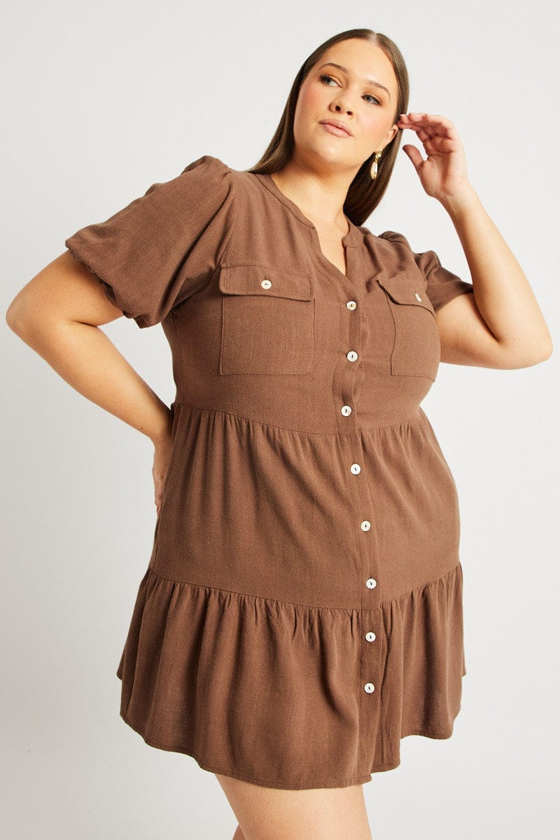 Brown Button Through Mini Dress Nehru Collar Linen Blend - Image 2