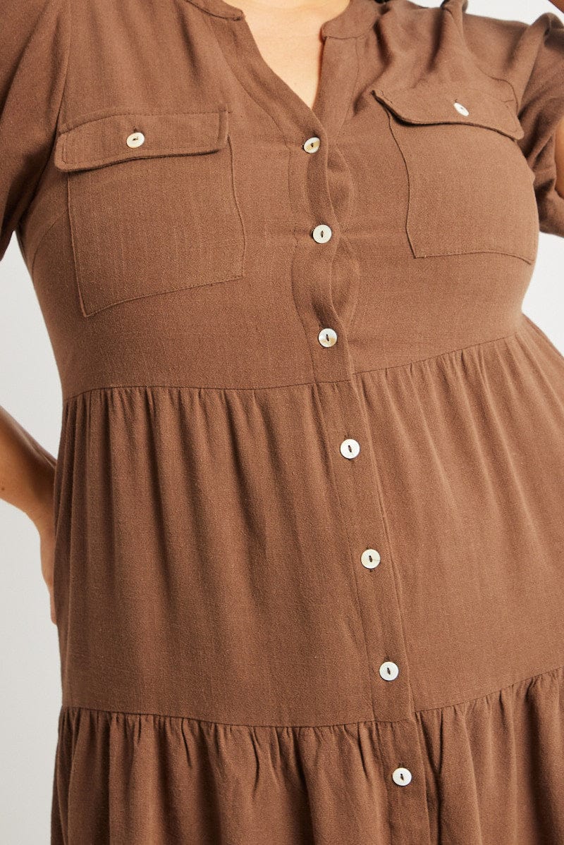 Brown Button Through Mini Dress Nehru Collar Linen Blend - Image 6