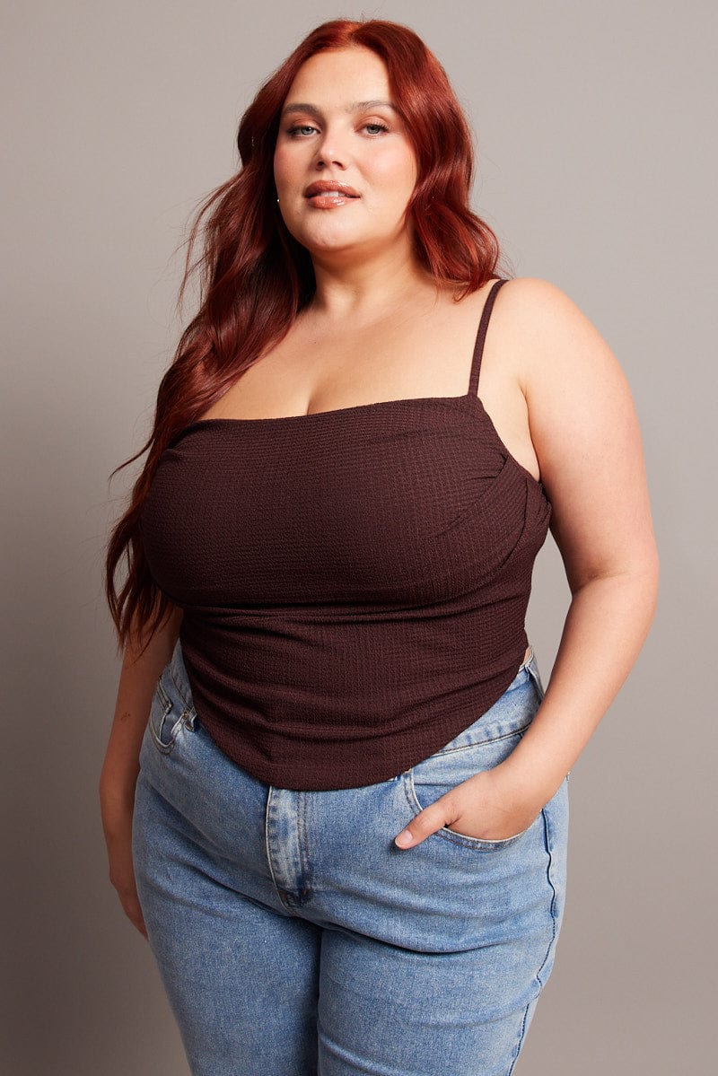 Brown Cami Top Sleeveless Cowl Neck Textured - Image 3