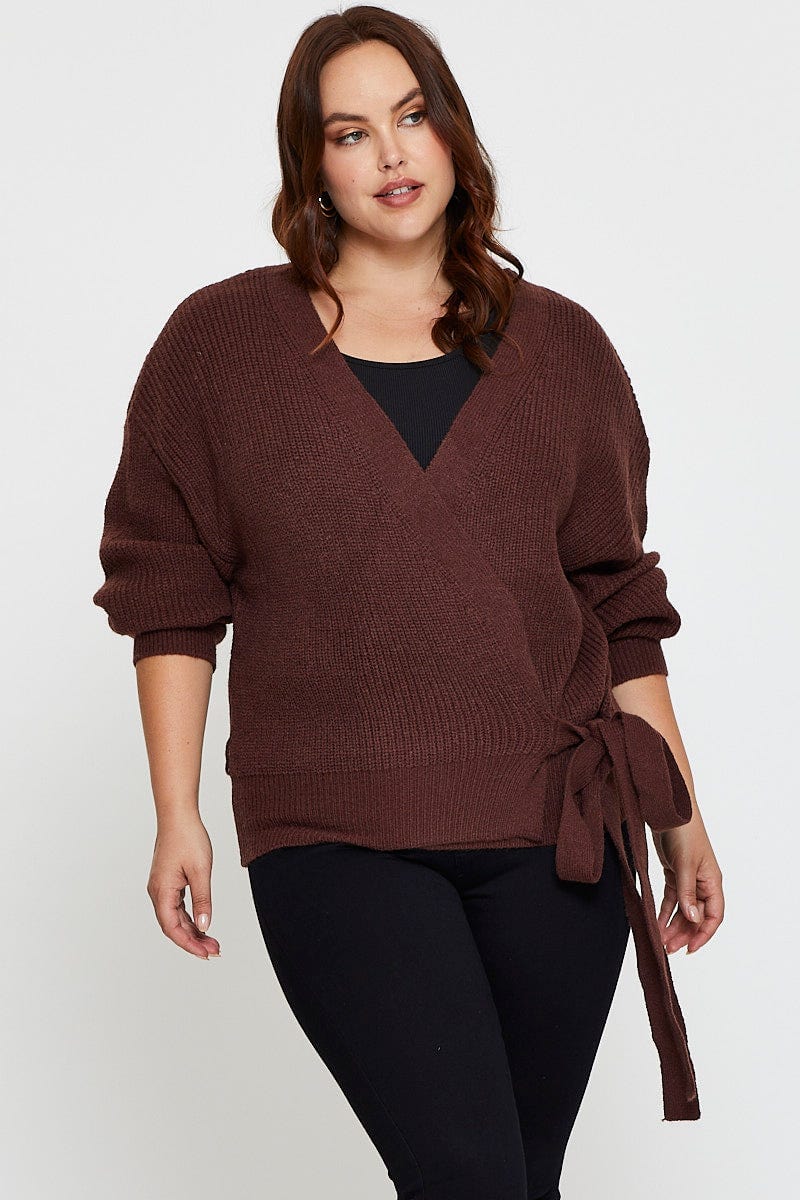 Brown Cardigan Long Sleeve Wrap Front Tie - Image 3