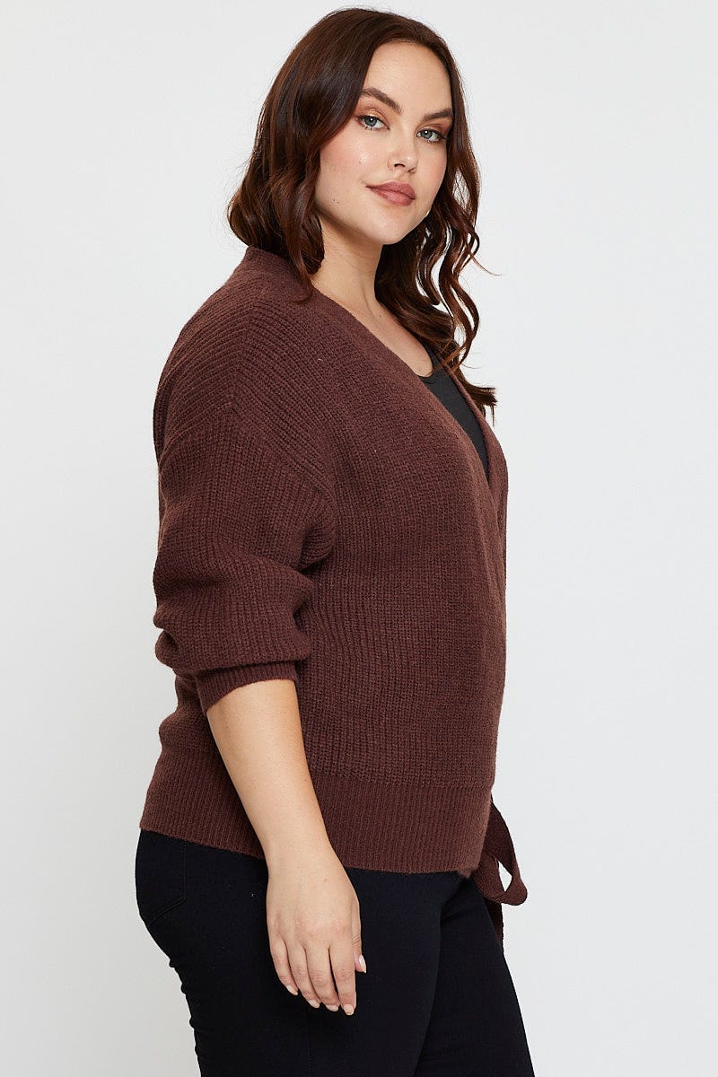 Brown Cardigan Long Sleeve Wrap Front Tie - Image 4