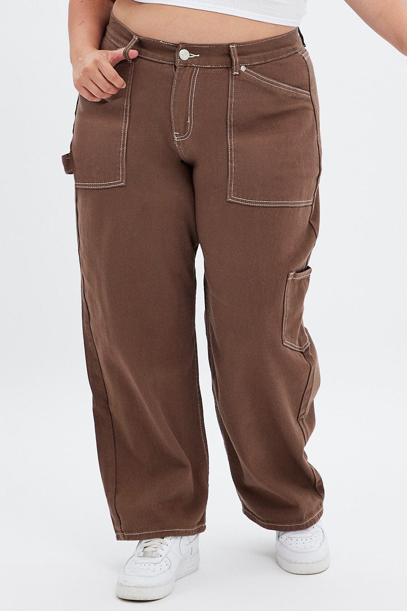 Brown Cargo Denim Jeans High Rise - Image 3