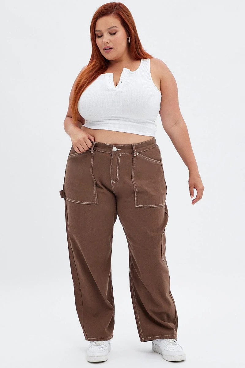 Brown Cargo Denim Jeans High Rise - Image 4