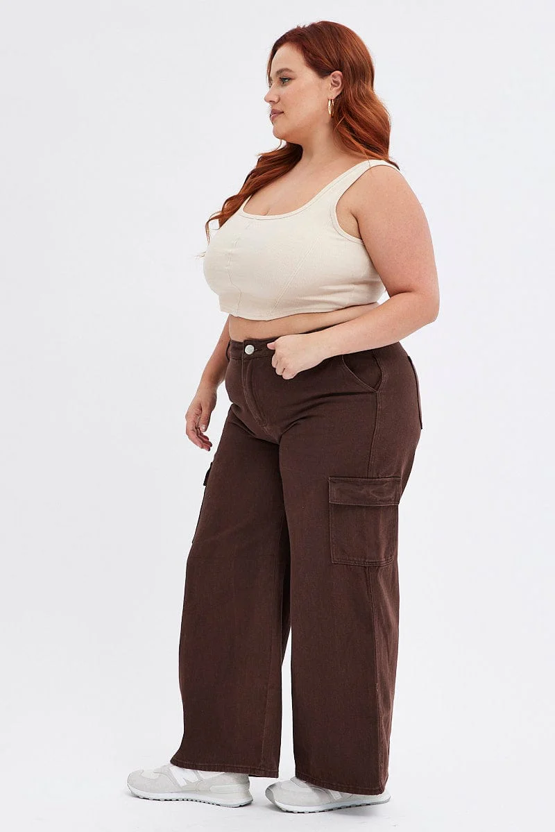 Brown Cargo Denim Jeans Mid Rise - Image 4