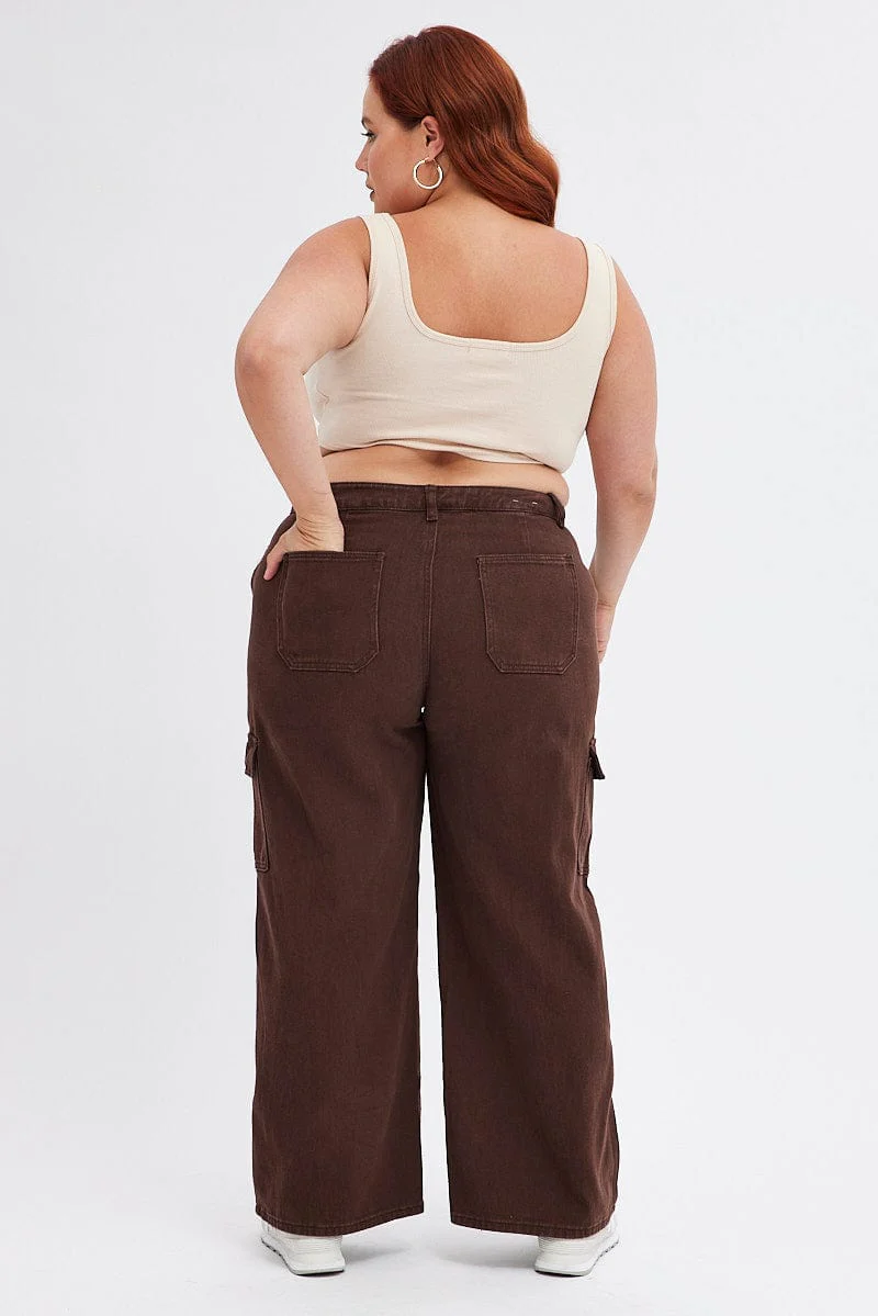 Brown Cargo Denim Jeans Mid Rise - Image 5