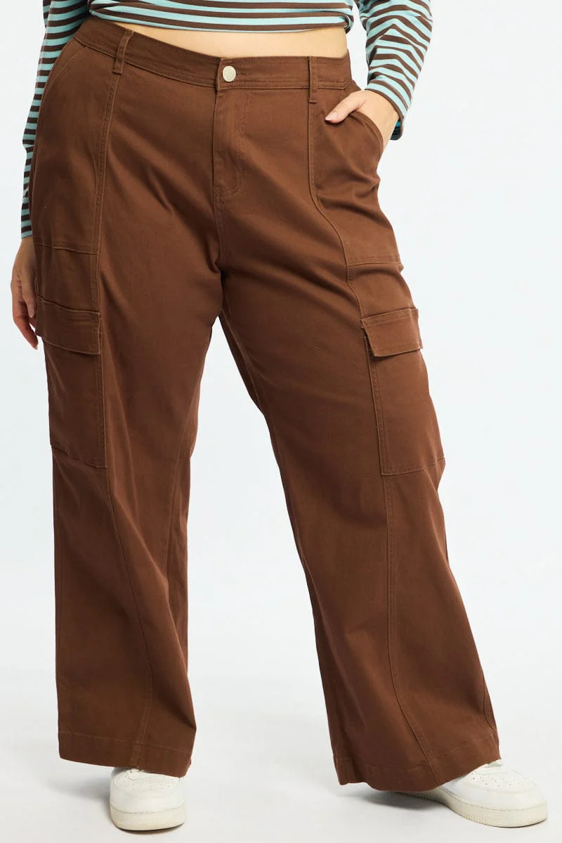 Brown Cargo Pants Elastic Waist - Image 3