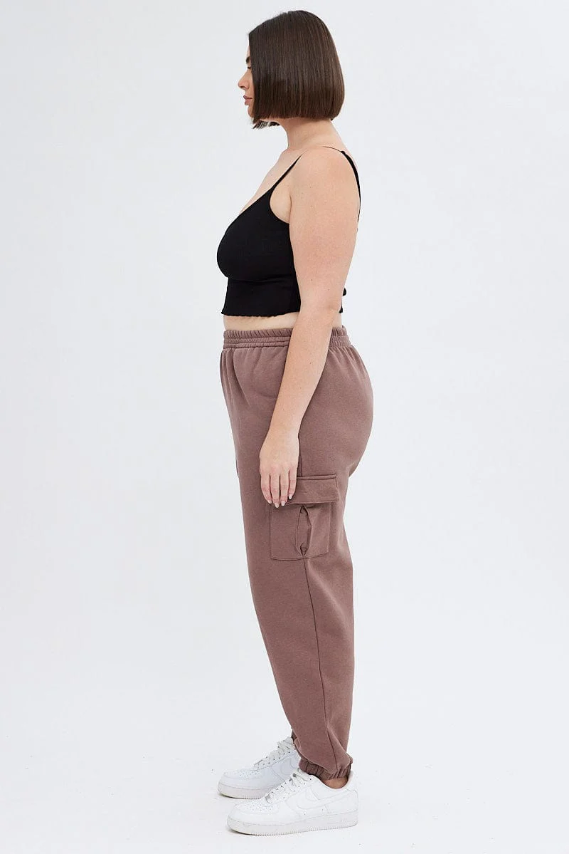 Brown Cargo Pants Elastic Waist Pocket Track Style - Image 4