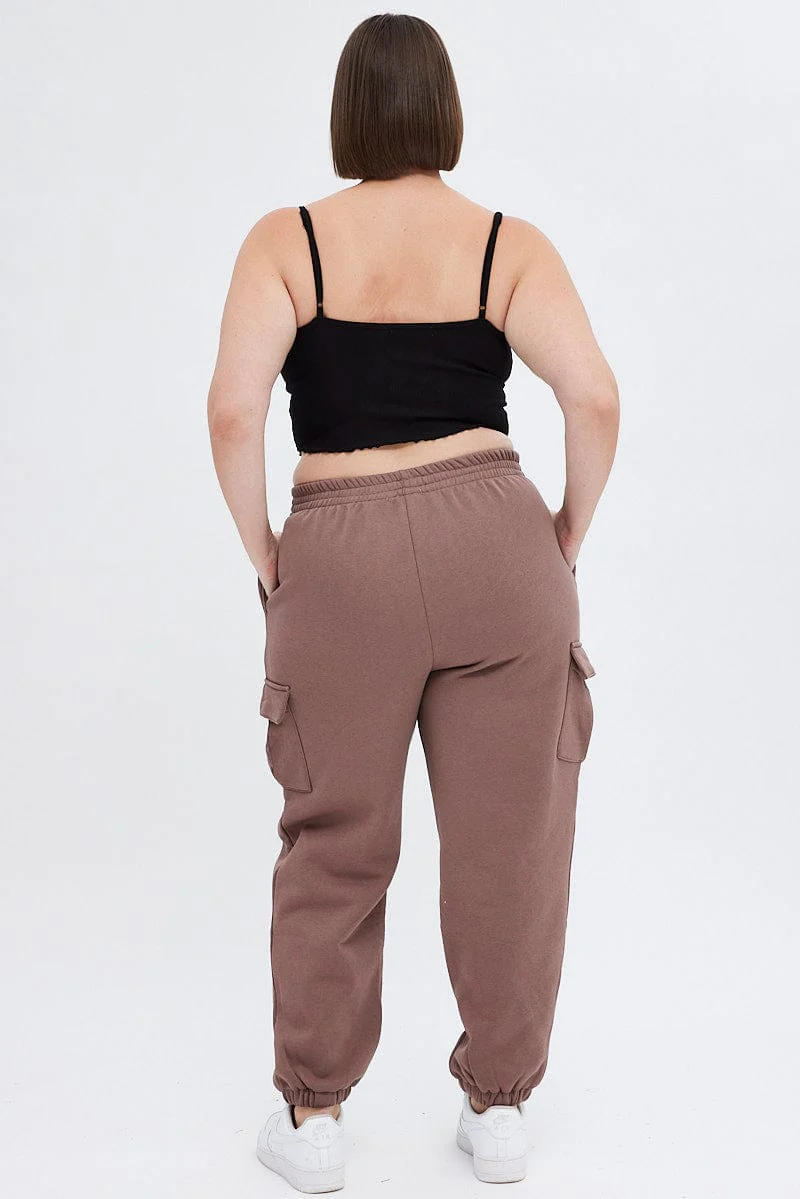 Brown Cargo Pants Elastic Waist Pocket Track Style - Image 5