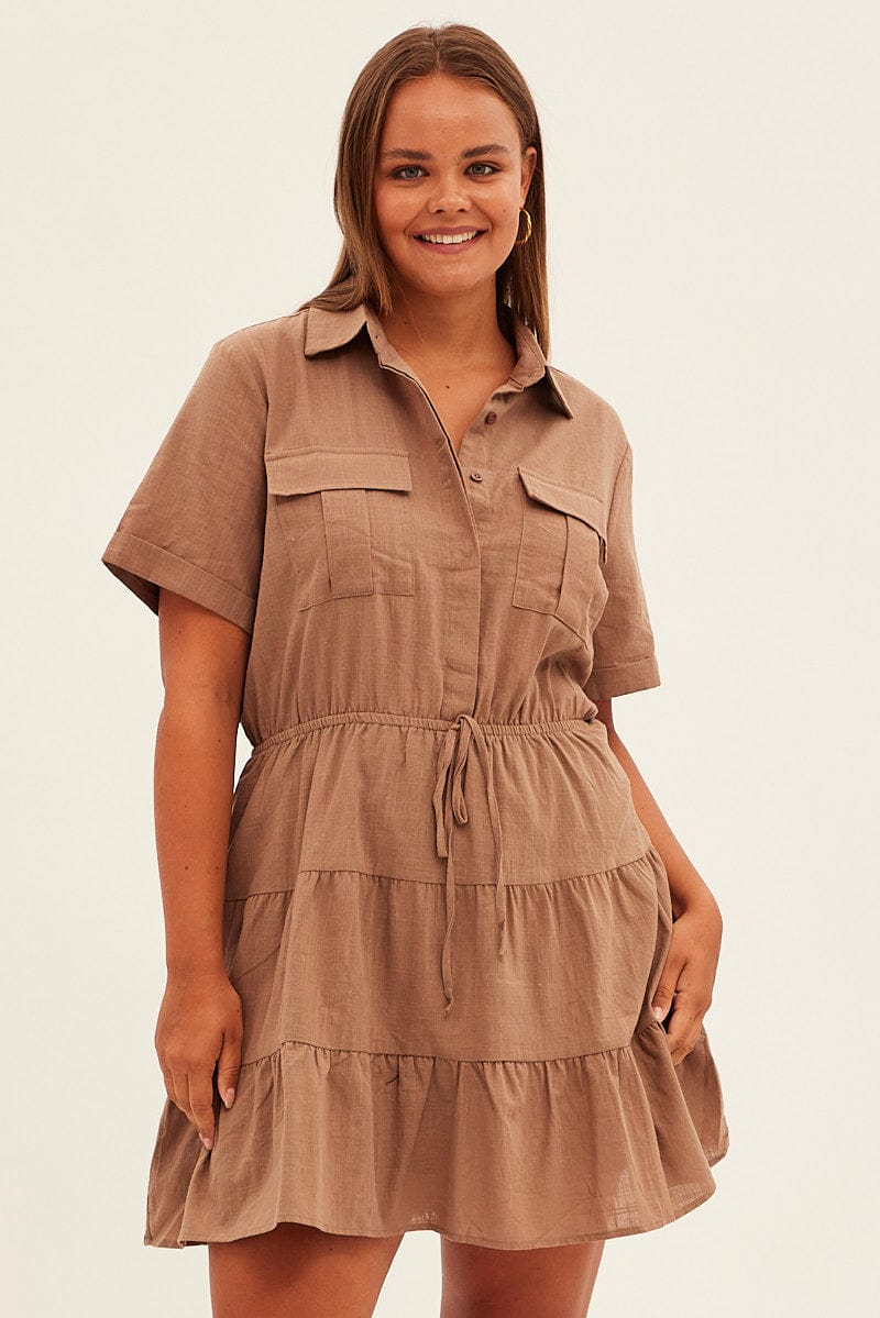 Brown Cargo Shirtdress Short Sleeve Cotton Mini