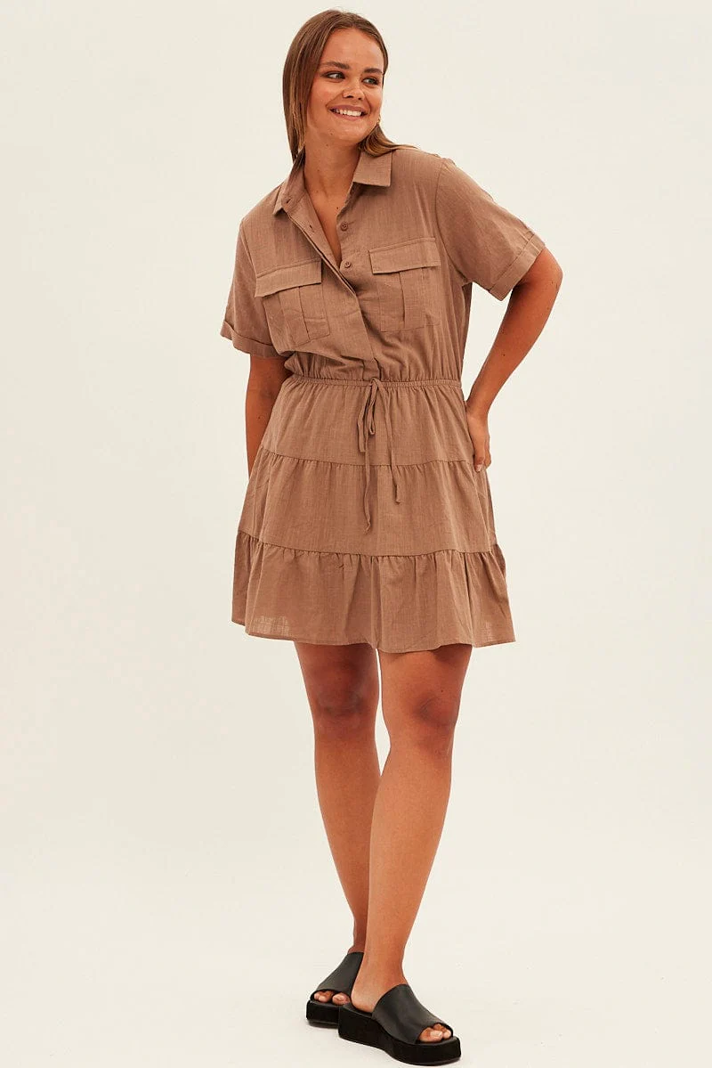 Brown Cargo Shirtdress Short Sleeve Cotton Mini - Image 2
