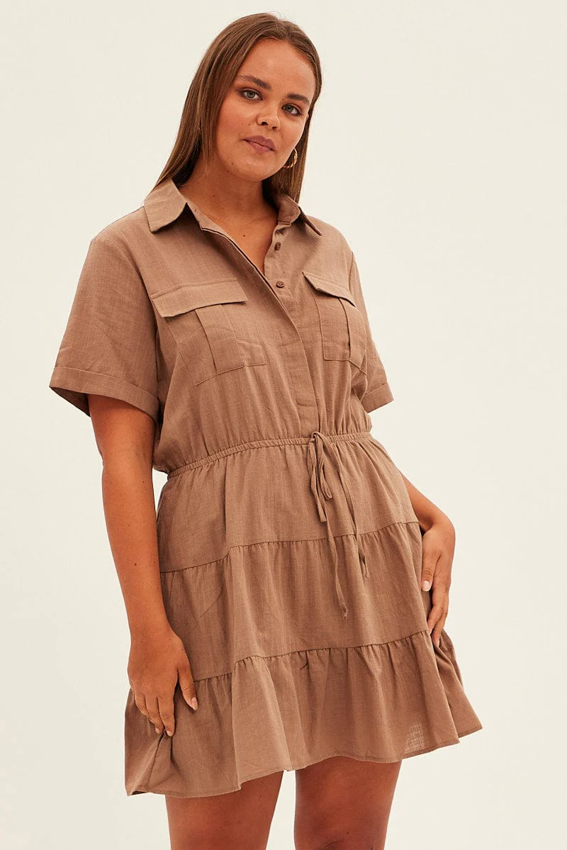 Brown Cargo Shirtdress Short Sleeve Cotton Mini - Image 3