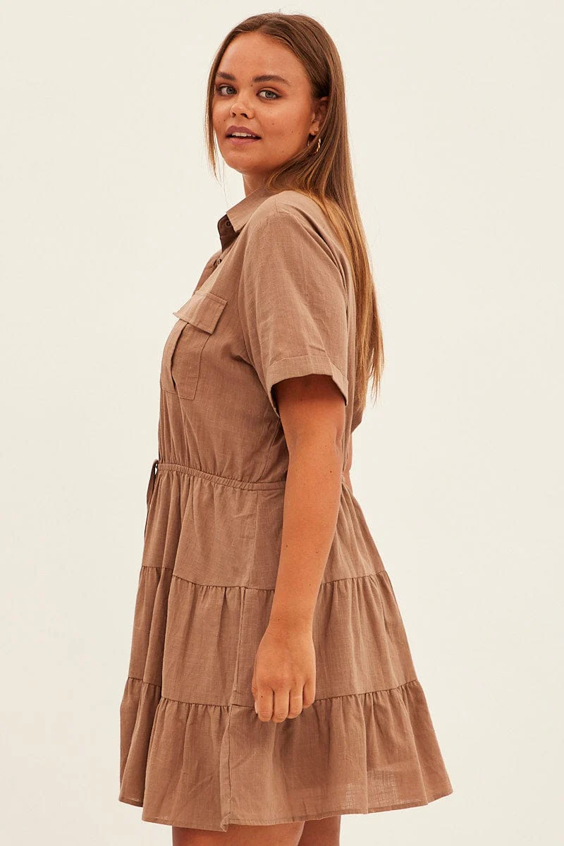 Brown Cargo Shirtdress Short Sleeve Cotton Mini - Image 4