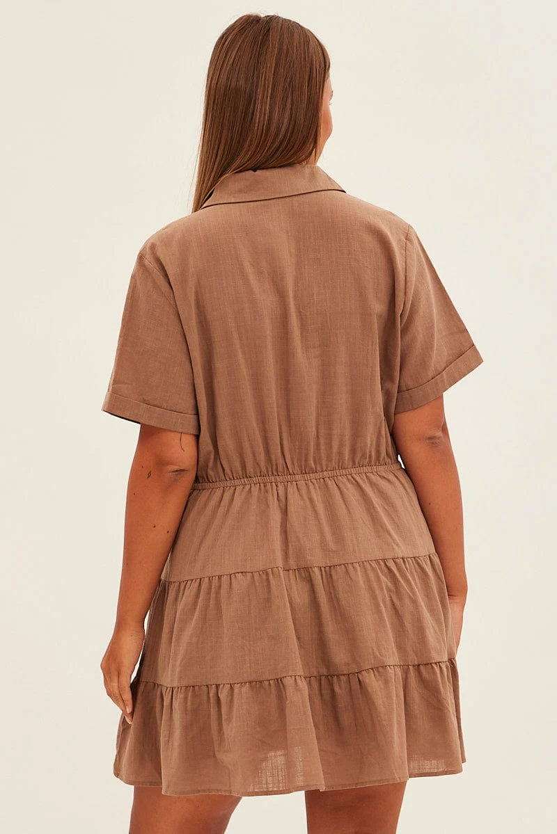Brown Cargo Shirtdress Short Sleeve Cotton Mini - Image 5