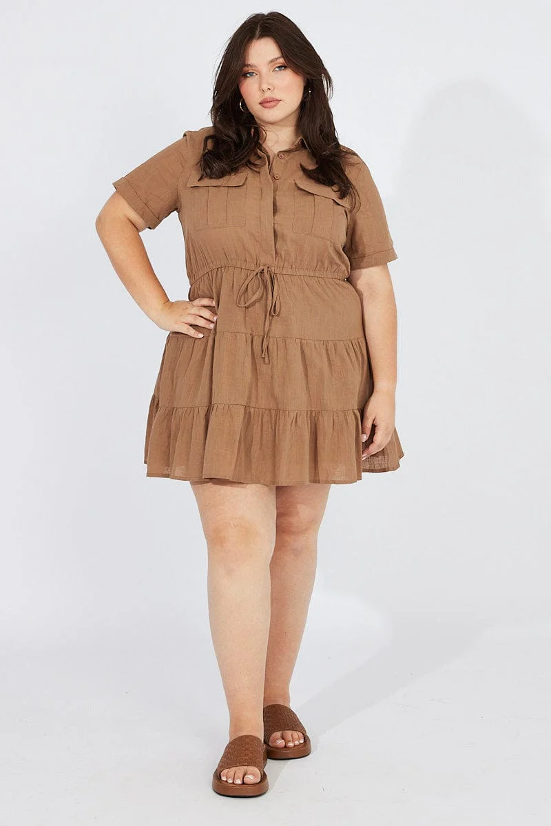 Brown Cargo Shirtdress Short Sleeve Cotton Mini - Image 2
