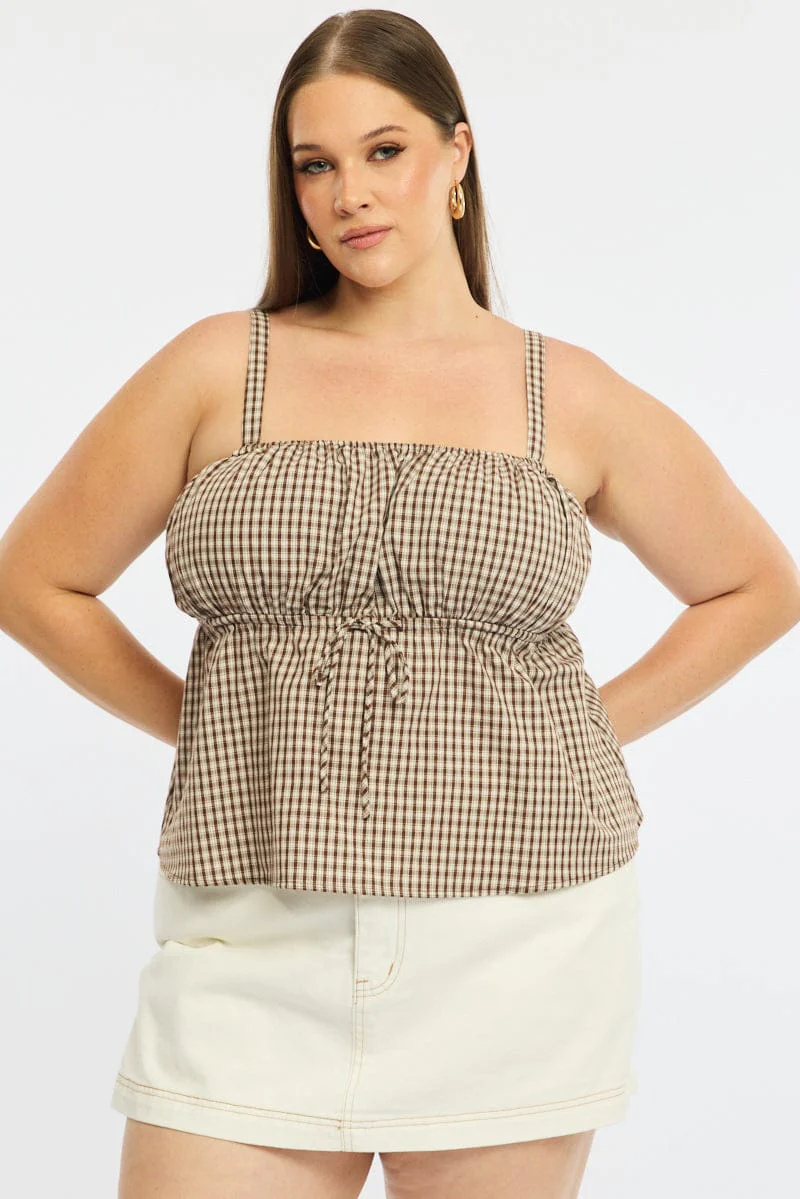 Brown Check Cami Top Sleeveless Ruched Bust