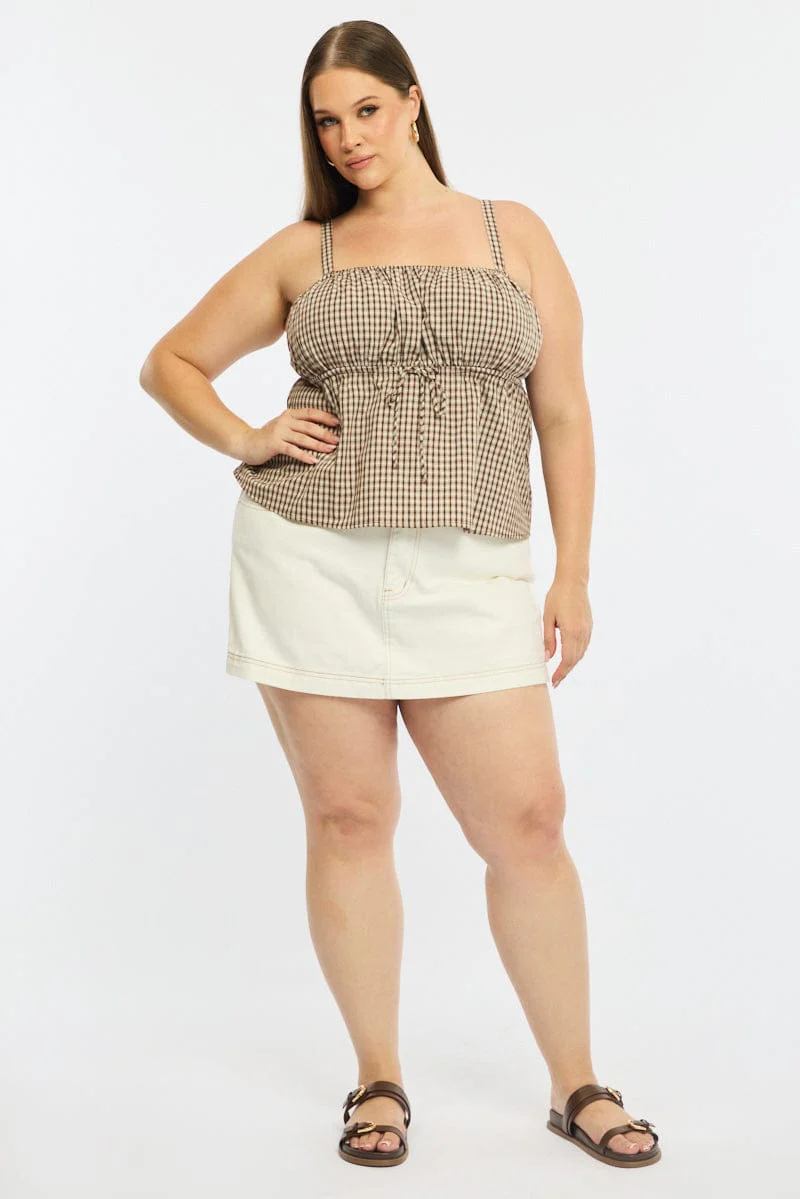 Brown Check Cami Top Sleeveless Ruched Bust - Image 2