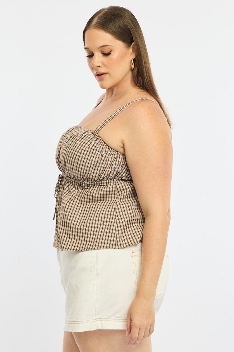 Brown Check Cami Top Sleeveless Ruched Bust - Image 3
