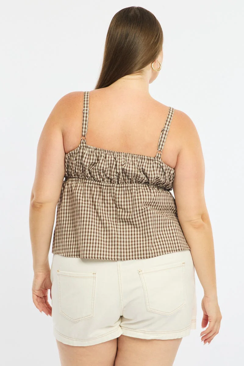 Brown Check Cami Top Sleeveless Ruched Bust - Image 4