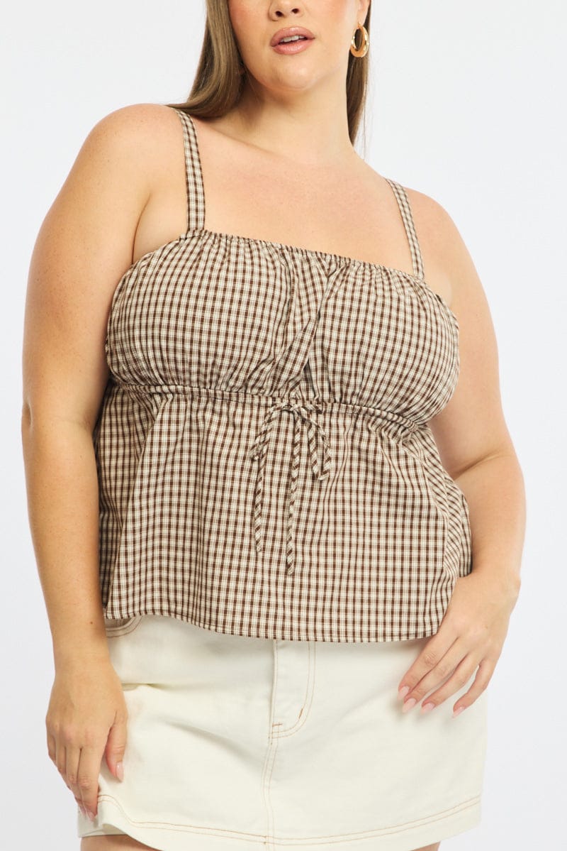 Brown Check Cami Top Sleeveless Ruched Bust - Image 5