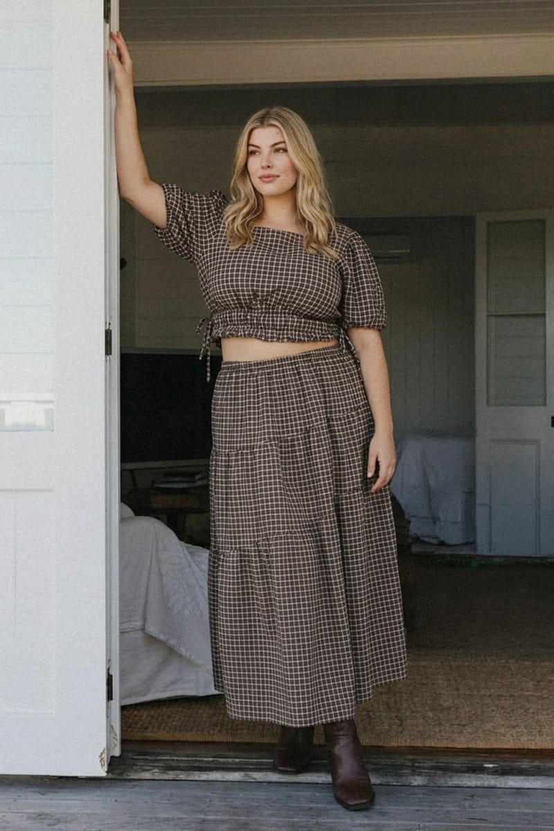 Brown Check Gathered Top Boat Neck Short Puff Sleeve