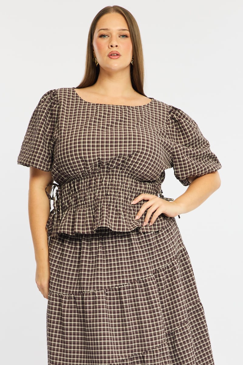Brown Check Gathered Top Boat Neck Short Puff Sleeve - Image 2
