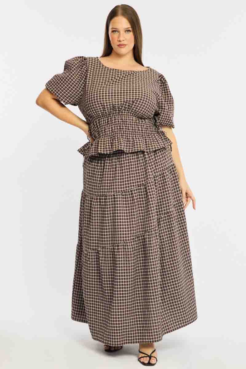 Brown Check Gathered Top Boat Neck Short Puff Sleeve - Image 3