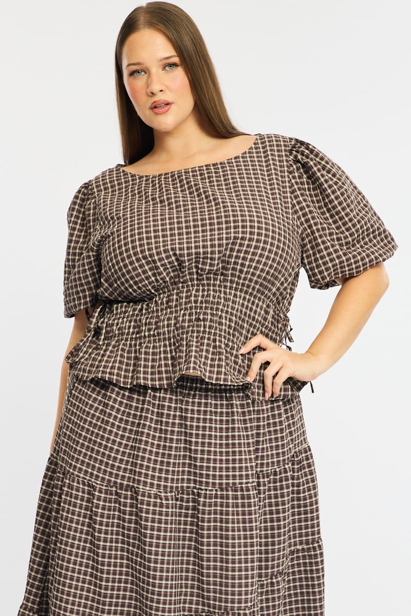 Brown Check Gathered Top Boat Neck Short Puff Sleeve - Image 4