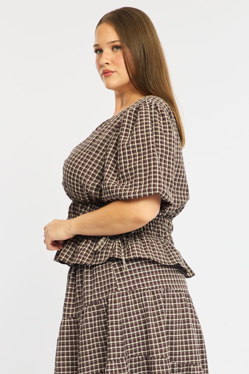 Brown Check Gathered Top Boat Neck Short Puff Sleeve - Image 5